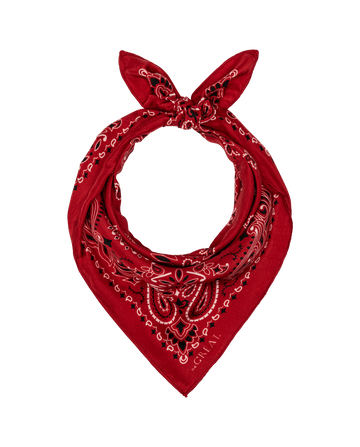 The Silk Bandana in True Red by THE GREAT. F25 COLLECTORS features a vintage paisley pattern, crafted from lightweight silk, tied in a knot at the top, and displayed on a white background.