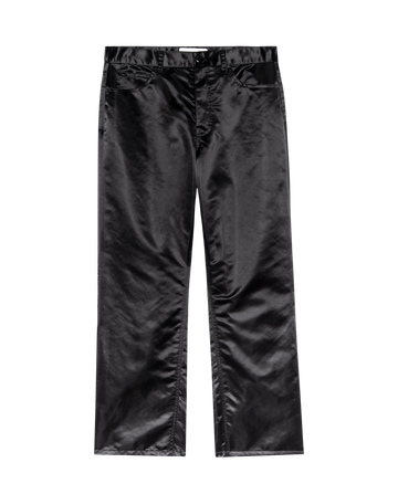 The Satin Wayne in black by THE GREAT. H25 COLLECTION: luxury straight-leg satin pants featuring belt loops, front pockets, and a button closure, shown on a white background.