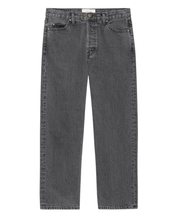The Wayne Jean in Graphite Wash by THE GREAT. F25 D2 features a straight-leg, high-waisted fit in rigid gray denim with a clean hem, front and back pockets, belt loops, and button closure.