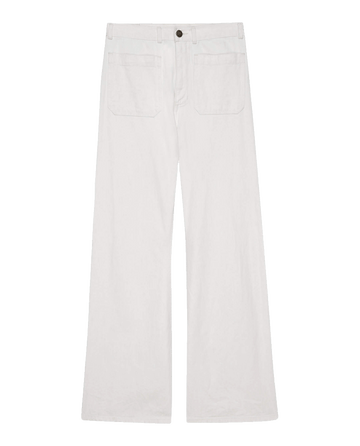 The Dock Jean in Natural Hemp from THE GREAT. PF24 are high-waisted, white wide-leg pants with front pockets and a button closure, evoking '70s denim. Their timeless elegance is enhanced by a hint of bell-shaped sailor jean style, displayed on a plain background.