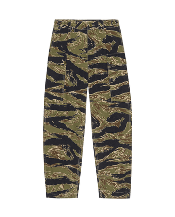 The Convoy Pant -- Camo Surplus by THE GREAT. SU25: loose-fit men's pants in green, brown, and black tiger stripe camo, shown laid flat on black—versatile fashion apparel.