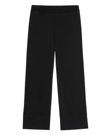 THE GREAT. PF25 HEAVY JERSEY KNITS' The Jersey Win Pant in Almost Black—straight-leg, relaxed fit, elastic waistband—shown flat on a white background for effortless loungewear comfort.