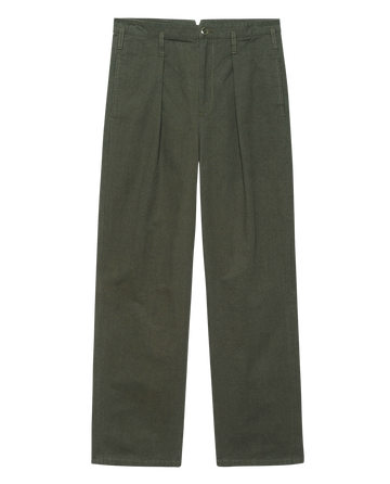 The Parker Trouser by THE GREAT. F25 D2 in Dusty Moss: high-waisted, wide-leg, relaxed fit twill trousers with belt loops, front pleats, and side pockets, shown laid flat on a white background.