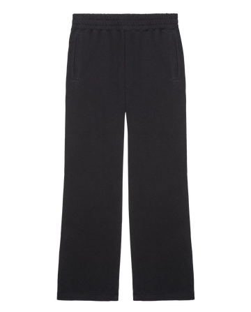 THE GREAT. H25 CORE FLEECEBACK The Fleece Victory Sweatpant in Almost Black features a straight-leg fit, elastic waistband, and side pockets, shown against a white background.