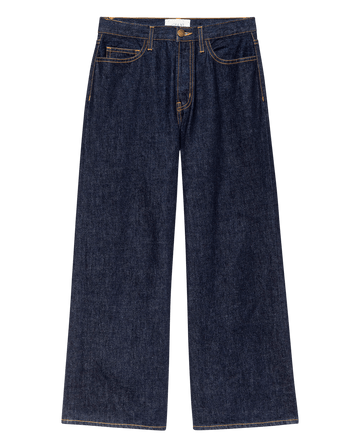The Slouch Wide Leg Jean in Midnight Rinse by THE GREAT. F25 D1 features a long inseam, front and back pockets, button and zip closure, shown on a white background.
