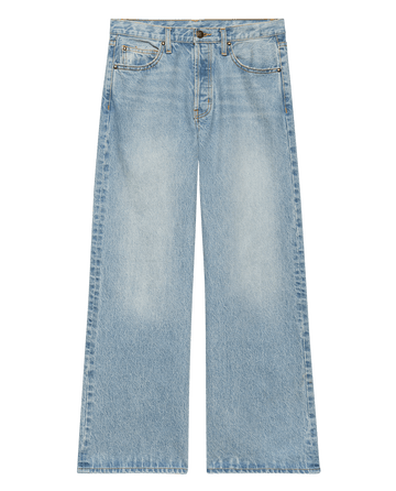 THE GREAT. The Slouch Wide Leg Jean in Tidal Wash, featuring a high-rise fit, five-pocket design, and button-zip closure, shown flat on a white background.
