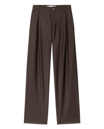 The Menswear Trouser in Chocolate Stripe by THE GREAT. F25 COLLECTORS: wide-leg brown pinstripe dress pants with classic tailoring, button closure, and belt loops, shown against a white background.