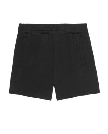 The Victory Short. Solid -- Almost Black by THE GREAT. SU25 CORE KNITS features an elastic waistband, two side pockets, and a comfortable fit, making it perfect for athletic wear. Shown laid flat on a white background.