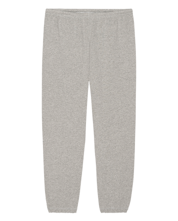 THE GREAT. H25 CORE FLEECEBACK The Fleece Stadium Sweatpant in Heather Grey, featuring an elastic waistband and elasticated cuffs, shown laid flat on a white background.