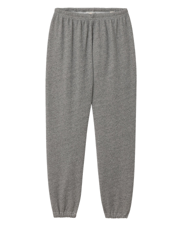 The Stadium Sweatpant in Varsity Grey by THE GREAT. CORE KNITS features an elasticated waist and ankle cuffs, blending comfort with a vintage athletic sweatpant style.