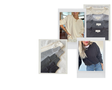 Collage of sweatshirts in neutral colors, close-up fabric shots, folded piles, and two people wearing cream and dark grey sweatshirts.
