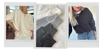 Three images show casual long-sleeve sweatshirts in cream, gray, and black, including close-ups of fabric details and two women modeling the tops.