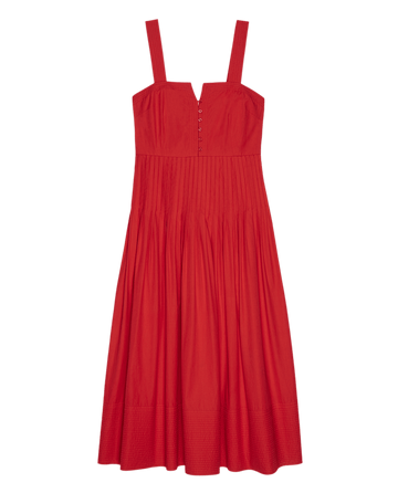 The Day Break Dress—Hot Red by THE GREAT. SU25 is a sleeveless midi with wide straps, front buttons, fitted bodice, and pleated skirt—ideal for casual occasions and elevating your everyday women’s style.