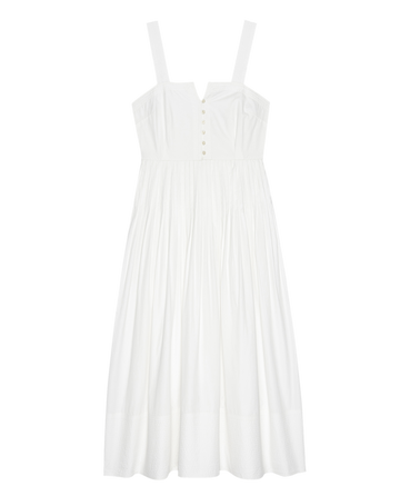 The Day Break Dress by THE GREAT. SU25 is a sleeveless white midi with wide straps, a buttoned fitted bodice, and a gathered flared skirt—ideal for easy, effortless style.