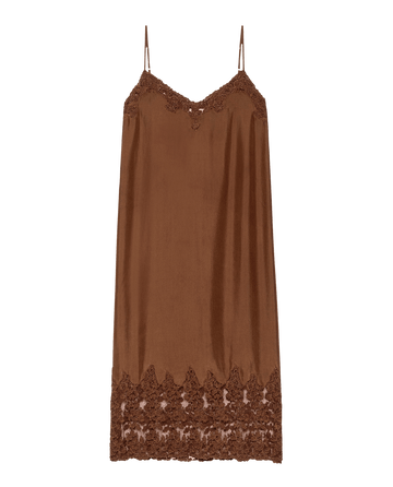 The Legacy Dress in Chocolate by THE GREAT. F25 D1 features a brown satin finish, embroidered mesh lace trim at the neckline and hem, and delicate spaghetti straps for vintage-inspired elegance.