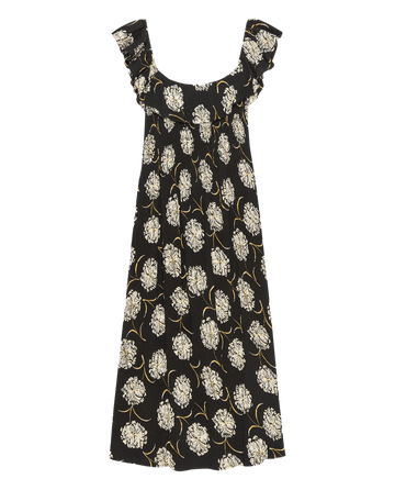 The Havana Dress by THE GREAT. SU25 in Black Dancing Floral features short ruffled sleeves and a loose, flowing silhouette.