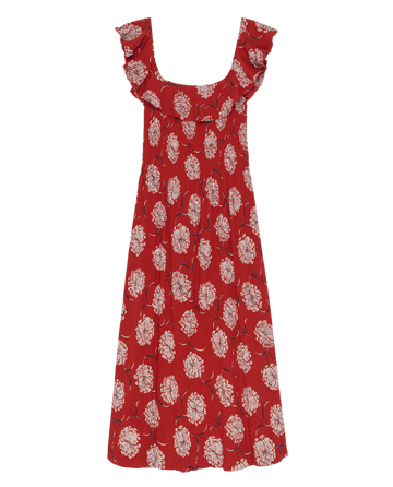 The Havana Dress in True Red Dancing Floral by THE GREAT. SU25 features white floral prints and ruffled sleeves, is knee-length, and ideal for summer, displayed on a plain background.