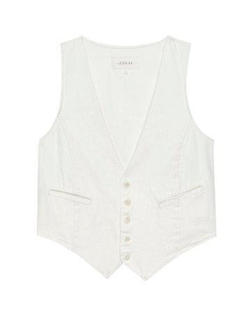 The Suit Vest by THE GREAT. PF24: Natural hemp material in white with a sleeveless design, button closure, and two front pockets, showcased on a plain background.