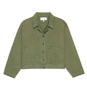 The Rancher Jacket -- Classic Army by THE GREAT. PF25 features an olive green hue, button-down front, two large front pockets, and long sleeves—essential outerwear for a timeless look.