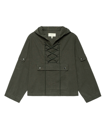The Utility Pullover in Dusty Moss by THE GREAT. F25 D2 features a lace-up front, flap chest pocket, and buttoned sleeve pockets—vintage-inspired outerwear shown against a white background.