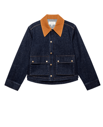 The Denim Swingy Jacket -- Midnight Rinse by THE GREAT. F25 D1 features dark blue denim, a wide tan corduroy collar, two large front flap pockets, and snap button closures.