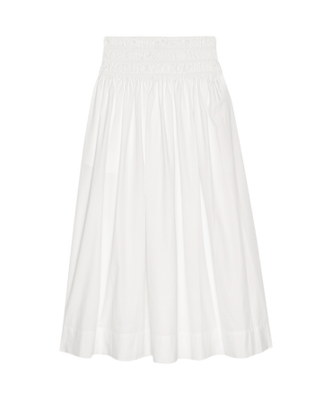 The Viola Skirt by THE GREAT. SU25 in white features a knee-length, flared silhouette and wide elastic waistband—ideal for enhancing your women's fashion wardrobe. Shown against a plain background.