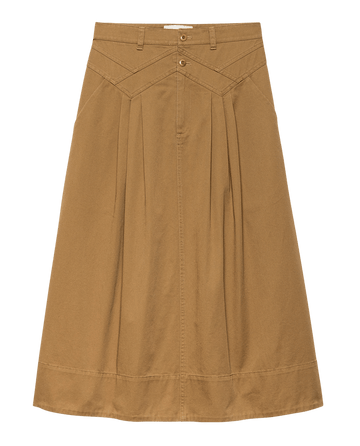 The Field Skirt in Tobacco by THE GREAT. F25 D1 is a high-waisted, A-line cotton twill skirt with front buttons, pleats, belt loops, and decorative stitching for a subtle utilitarian look.