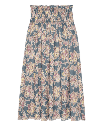 The Canary Skirt – Indigo Floral by THE GREAT. PF25 features a high-waisted fit, elastic waistband, and vibrant yellow and pink floral print on a blue background—ideal for effortless style.