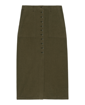 Discover the vintage military-inspired look with "The Button Front Column Skirt" in olive green, featuring front buttons and two pockets. From THE GREAT.'s FALL 24 D1 SALE collection.