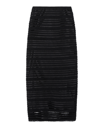 Discover the timeless elegance of The Pedestal Skirt in black by THE GREAT. This knee-length pencil skirt boasts horizontal textured stripes inspired by the Victorian era, complemented by intricate ladder lace detailing. It's a versatile, sophisticated piece perfect for enhancing any wardrobe.