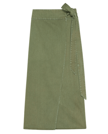 The Wrap Skirt - Classic Army by THE GREAT. PF25 is an olive green denim wrap skirt with a side tie, shown on a plain background—a versatile addition to any women’s fashion skirt collection.