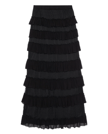 The Winter Mesh Flounce Skirt by THE GREAT. H25 COLLECTION is a black, ankle-length skirt with multiple horizontal ruffles and a subtle textured pattern.