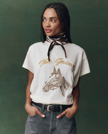 The Boxy Crew. Embroidered -- Washed White with Spice Horse Embroidery