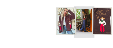Collage showing a woman wearing a maroon sweater with a cowboy and lasso design, alongside a close-up of the sweater's embroidery.