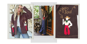 A woman wears a brown cardigan with a cowboy and “yee haw” design; close-up and angled views of the cardigan are also shown.