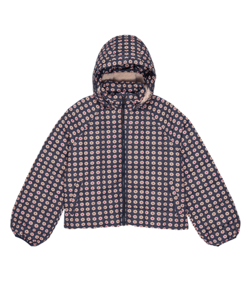The Whistler Puffer—Mini Frosted Daisy by THE GREAT. F25 TGO: a navy hooded puffer with a pink and white floral print and recycled PrimaLoft Black Thermo Plume insulation, shown laid flat on a white background.
