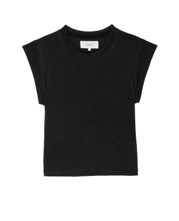 The Peak Shoulder Tee in Almost Black, a classic crewneck short-sleeved t-shirt with a round neckline from THE GREAT. FALL 22 KNITS collection, displayed on a white background.