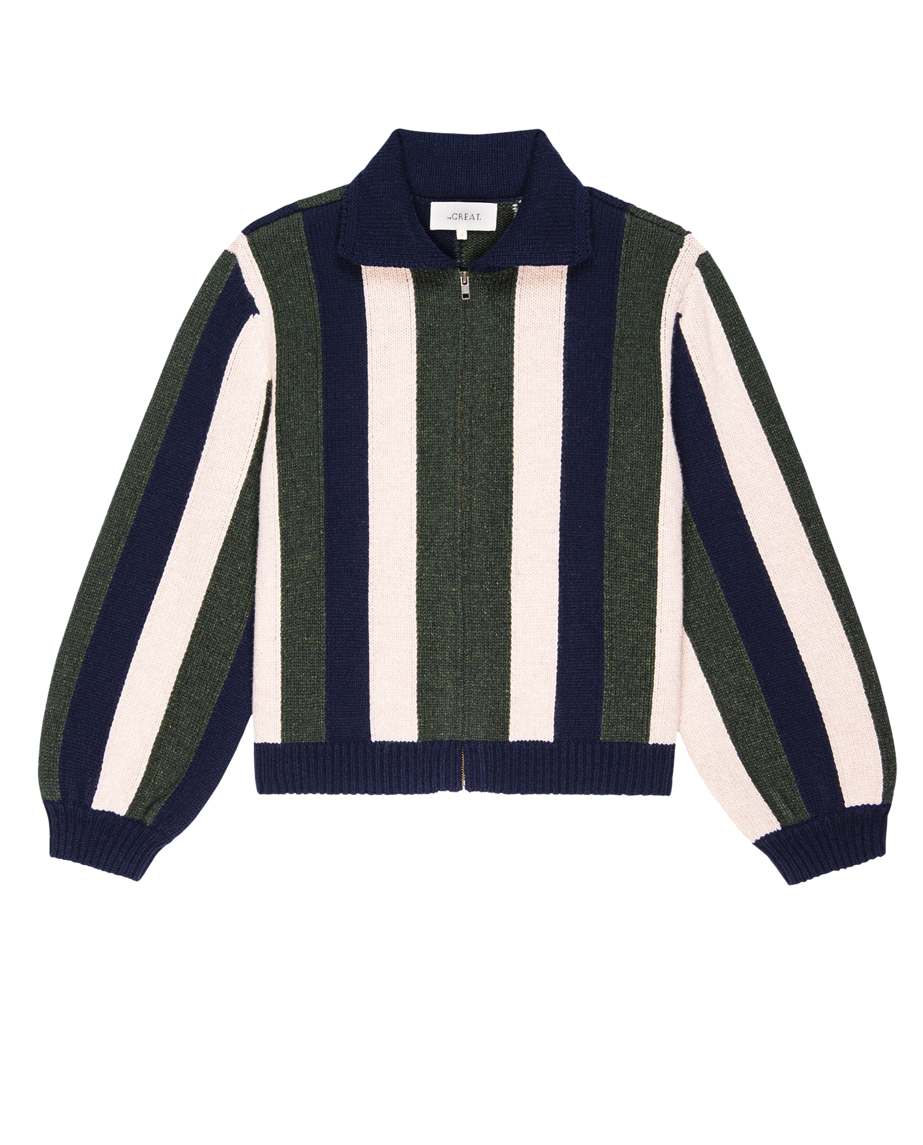 The Zip Front Cardigan. Olive Vine Stripe The Great