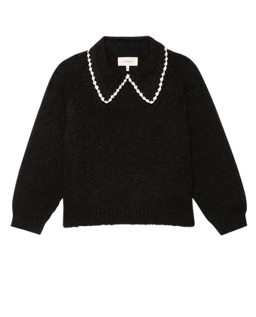 THE GREAT. F25 D1 The Crochet Collar Pullover in Black with Soft White—a relaxed fit black long-sleeve sweater featuring a pointed crochet collar with white scalloped trim, shown flat on a white background.