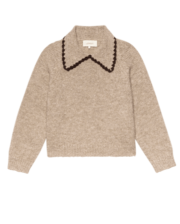 The Crochet Collar Pullover by THE GREAT. F25 D1 features a relaxed fit in oat with brown, long sleeves, and a wide collar with dark brown scalloped trim.