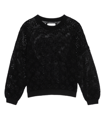 THE GREAT. PF25 The Crochet Pullover in black features long sleeves, a mesh-like crochet texture, and ribbed cuffs, collar, and hem.