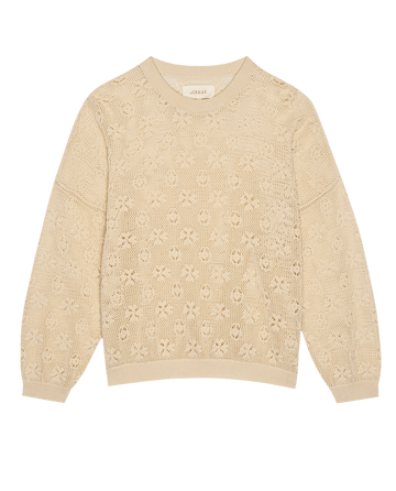 The Crochet Pullover – Natural by THE GREAT. PF25 features a beige long-sleeve crochet design with a floral pattern, crew neckline, and ribbed cuffs and hem, offering cozy handmade style for any wardrobe. Laid flat on a black background.