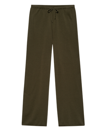 The Rec Sweater Pant in Army by THE GREAT. F25 HIGH TWIST features dark olive green wide legs, an elastic waistband with drawstring, and comfortable pull-on design, shown laid flat on a white background.