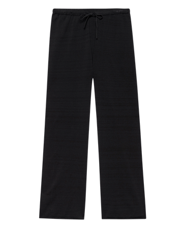 The Rec Sweater Pant in Black by THE GREAT. F25 HIGH TWIST—straight-leg, relaxed fit lounge pants with elastic waistband and drawstring, shown flat on a white background.