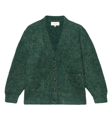 THE GREAT. F25 D2 The Brushed Melange Cardigan in Meadow Green features a boxy fit, V-neck, front buttons, and two pockets with a brushed texture, shown on a white background.