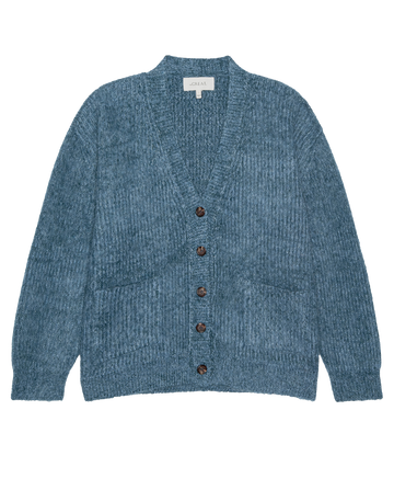 The Brushed Melange Cardigan in Wintertide Blue from THE GREAT. H25 COLLECTION, featuring button details.