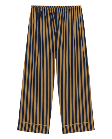 The Easy Sleep Pant by THE GREAT. F25 SLEEP features a loose fit, high waist, vertical navy blue and tan stripes, an elastic waistband, and wide legs. Shown flat in the Club Stripe pattern against a white background.