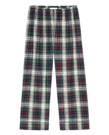 THE GREAT. H25 SLEEP Flannel Easy Sleep Pant in Pine Lodge Plaid features a red, green, navy, and white checkered pattern, shown on a white background.