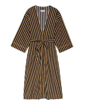The Robe. -- Club Stripe by THE GREAT. F25 SLEEP is a knee-length, long-sleeve cotton robe in navy and mustard stripes, with a V-neckline and matching belt—ideal for stylish loungewear.