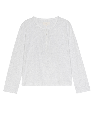 The Crop Sleep Henley in Heather Grey by THE GREAT. H25 SLEEP, featuring a round neckline and five front buttons, shown laid flat on a white background.